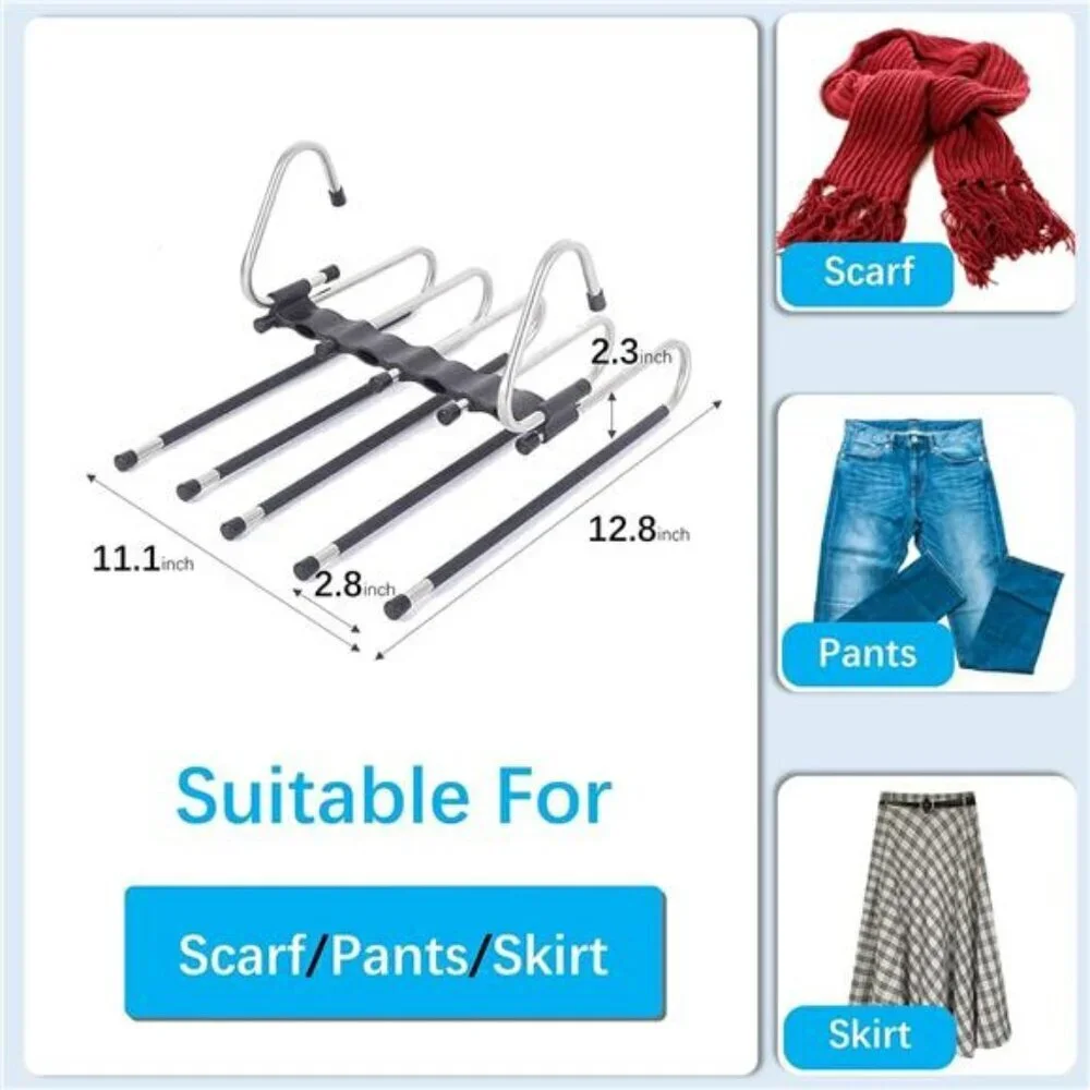 Space Saving Pants Hangers 2 Pack 5 Tier Closet Organizer with 10 Clips for Trou